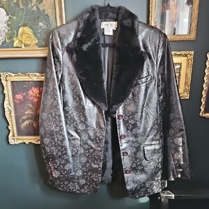 Vintage Simons Black Floral Fake Leather Blazer with Faux Fur Collar